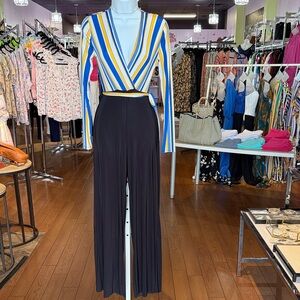 Striped Wrap Top with Black Wide-Leg Pants